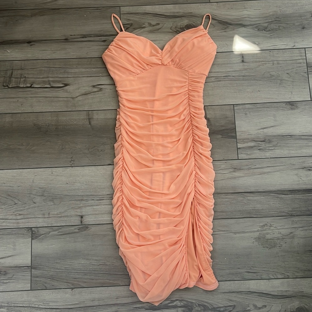 Lulus Ruched Peach Midi Bodycon Dress